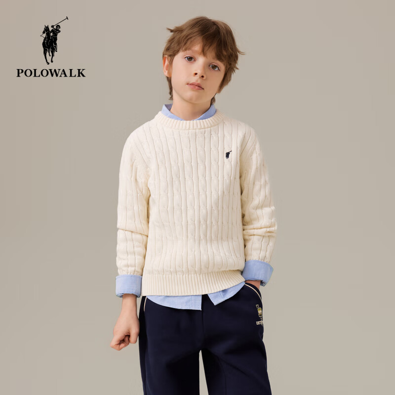 POLOWALK童装经典款绞花式针织衫春秋新款男童女童毛衣上衣 白色 170 cm