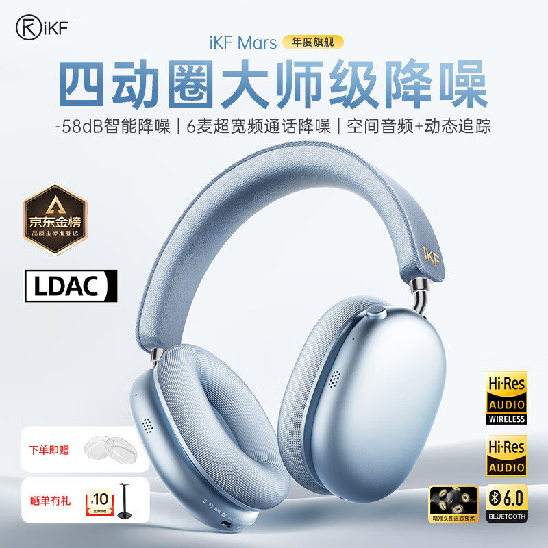 iKF Mars【双边四动圈专利】头戴式降噪蓝牙耳机无线有线LDAC协议自适应降噪电竞游戏低延迟 远峰蓝