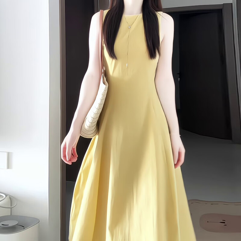 GARNUO黄色无袖背心连衣裙子女夏季2026新款法式气质高级感收腰显瘦长裙 黄色【无袖长款】 M 【101-110斤】
