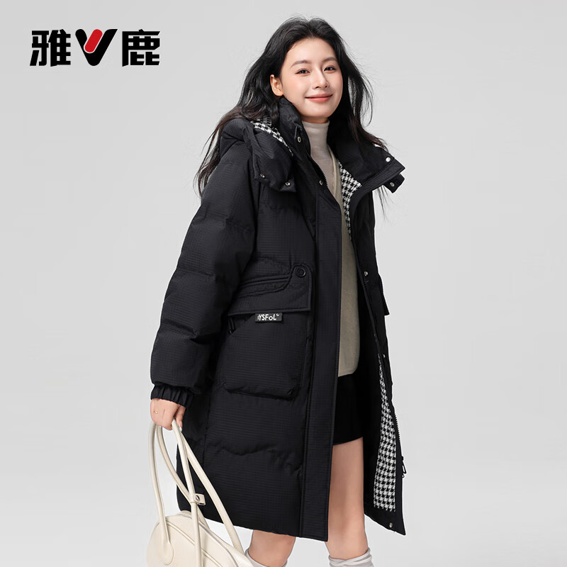雅鹿羽绒服女中长款2025冬季加厚抗寒保暖新时尚防风连帽外套女