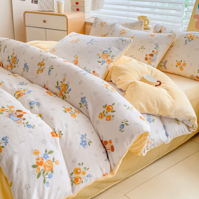 软贝小清新牛奶绒床上四件套保暖毛绒床单被套学生宿舍秋冬款三件套 布布萌宠 床单款 2.0m  被套200*230cm 四件套