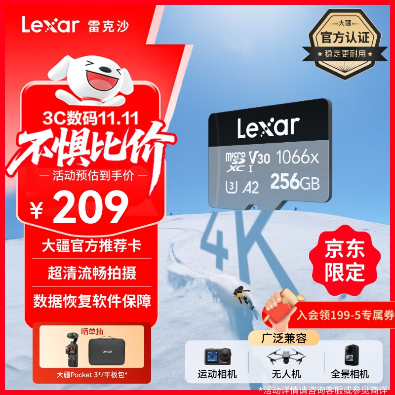 雷克沙（Lexar）256GB TF(MicroSD)存储卡V30 读160MB/s 大疆无人机运动相机Action5/Pocket3推荐内存卡 (1066x)