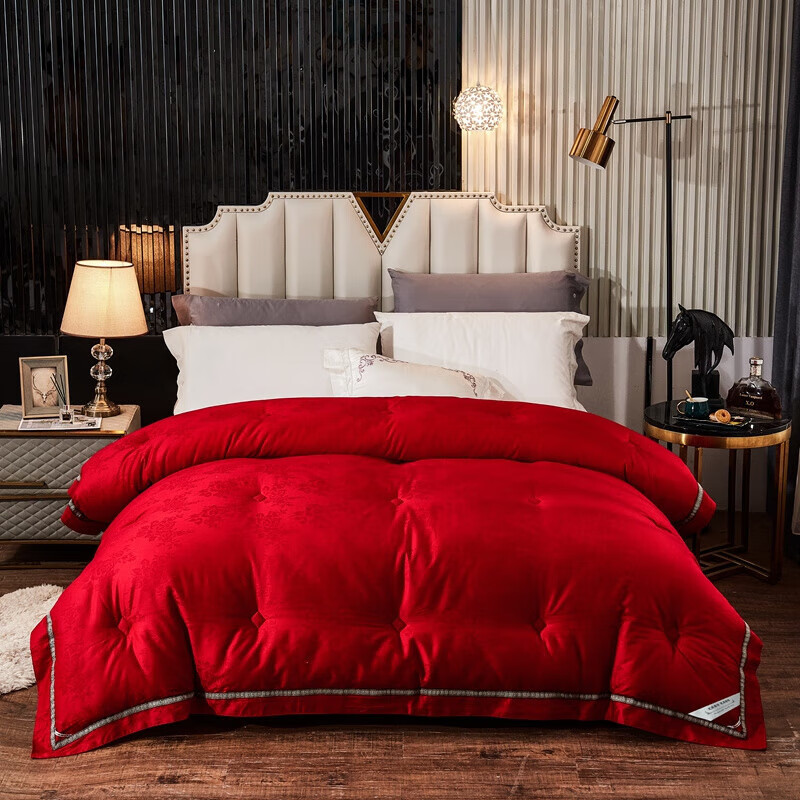 恒源祥全棉贡缎提花羽丝绒冬被结婚大红被子送礼陪嫁被芯双人空调被10斤 大红色 200*230cm【6斤春秋被】