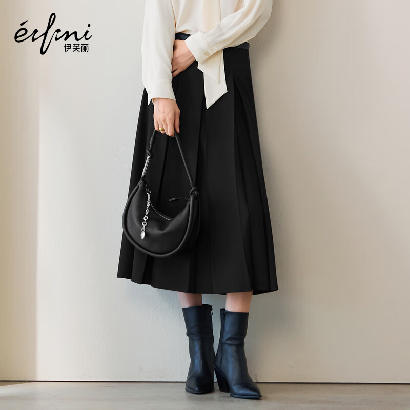 伊芙丽（eifini）伊芙丽经典简约质感百褶长半裙女2025秋季新款百搭休闲通勤裙子 水墨黑 中长版 随单赠送皮带 XL 125-140斤
