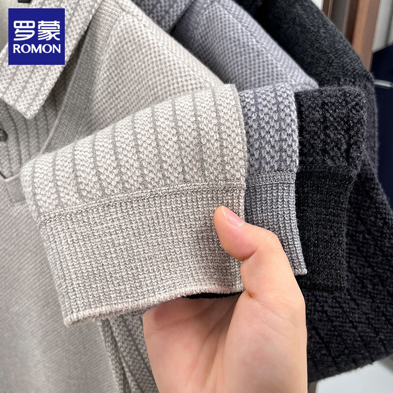 罗蒙（ROMON）男士假两件加绒毛衣2025秋冬新款保暖仿雪貂绒打底针织衫男装上衣 灰色 XL (175) (建议体重125-140斤)