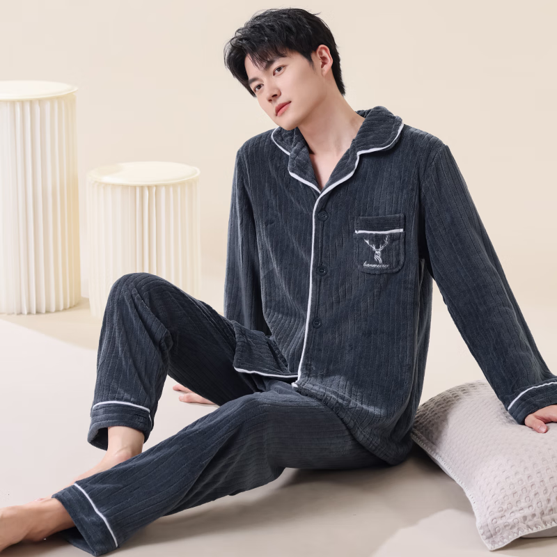 雪中飞珊瑚绒睡衣男士秋冬季加绒加厚2025新款法兰绒家居服套装大码保暖 NSCJF-灰色抽条小鹿 2XL 【宽松版型建议155-180斤】