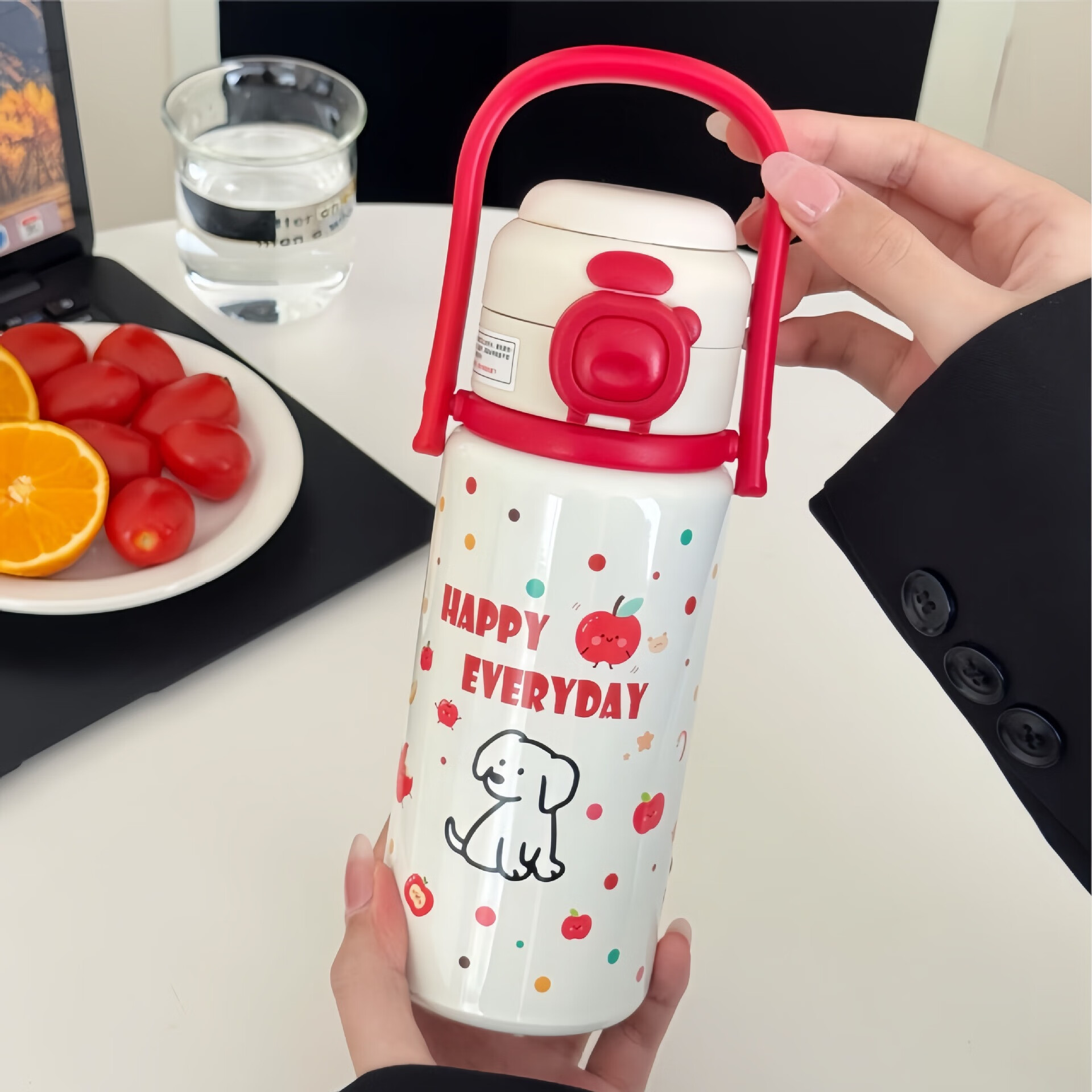 康妮雅萌趣可爱手提双饮保温杯便携拎拎壶学生周边文创礼品生日伴 红色提手小狗 500ml 500ml