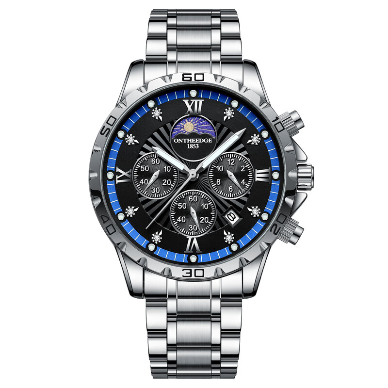 瑞之缘(ONTHEEDGE)四眼六针运动机械表盘男士手表防水夜光时尚高颜值石英表送礼物 银蓝钢【终身质保+送精美礼盒】