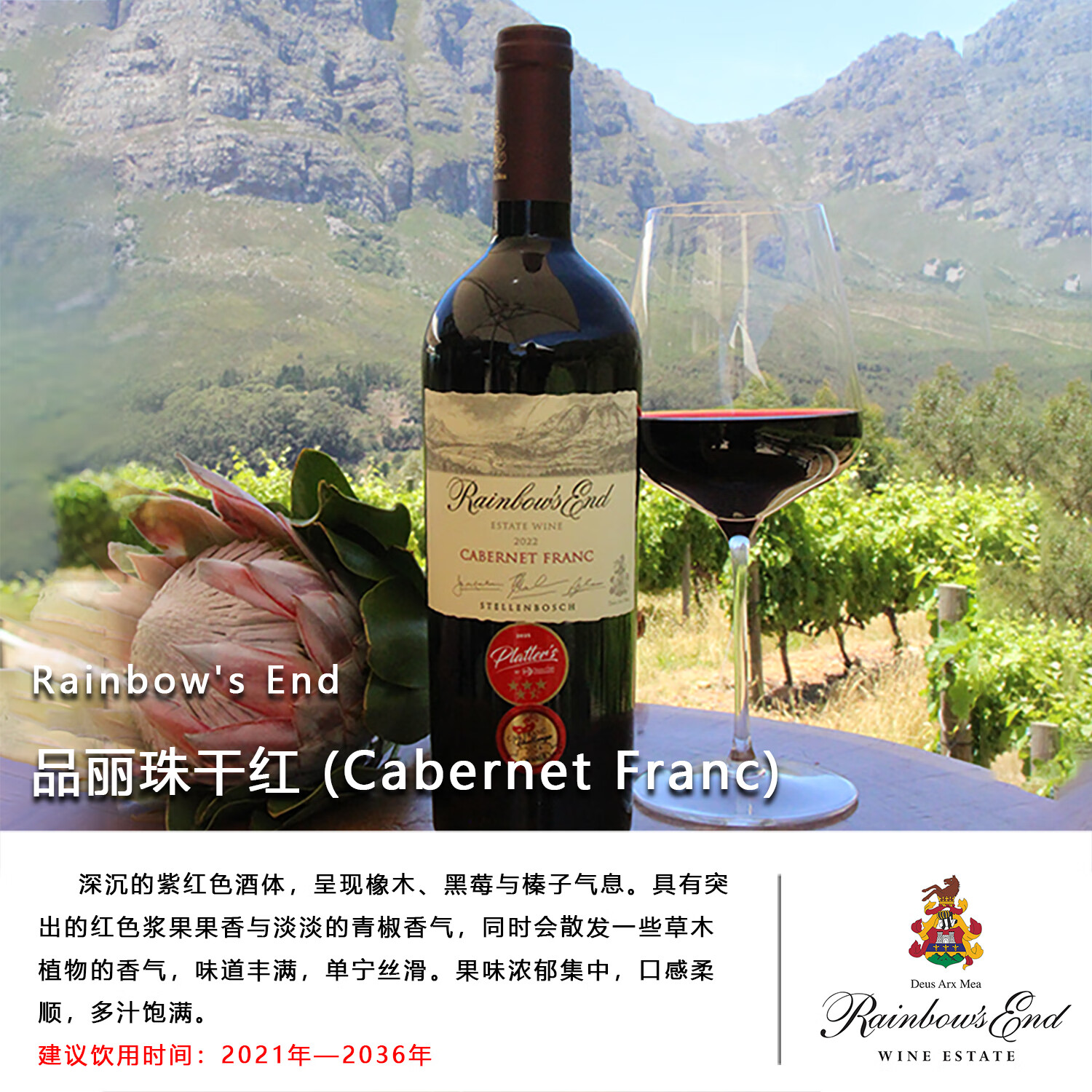 Rainbow's End Wine【金奖品丽珠】南非原瓶进口红酒2021年品丽珠干红葡萄酒庄园自酿 【橡木桶14个月】单支装750ml