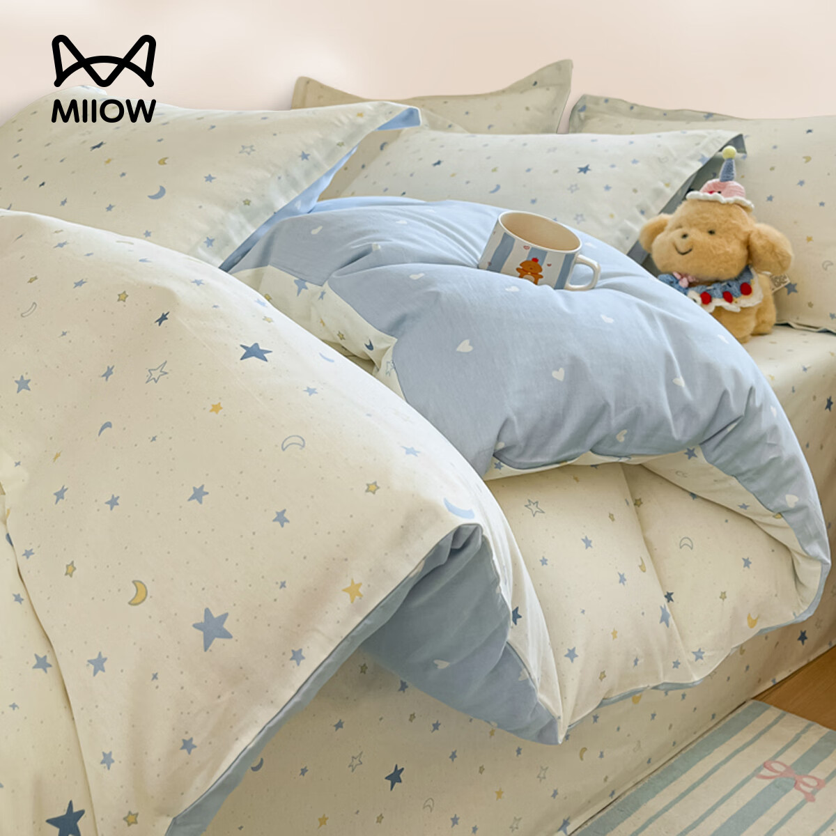 猫人全棉纯棉四件套2025新款床上用品学生宿舍三件套单双人四季通用 蓝色星光【亲肤柔软】 1.8m 床单款 四件套-200x230cm被套