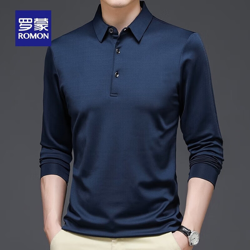 罗蒙(ROMON)长袖t恤男2025秋季新款纯色翻领Polo中青年男士商务休闲弹力T恤衫 黑色 S 165 (建议100-125斤)
