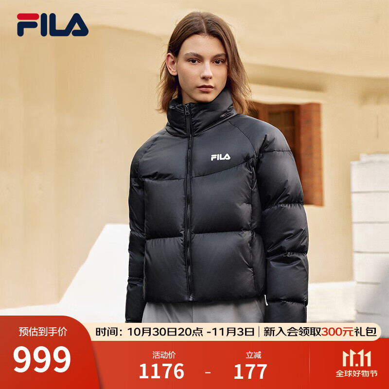 FILA官方女士羽绒服2025冬季新款运动短款宽松保暖立领外套 正黑色-BK M 165/84A/M