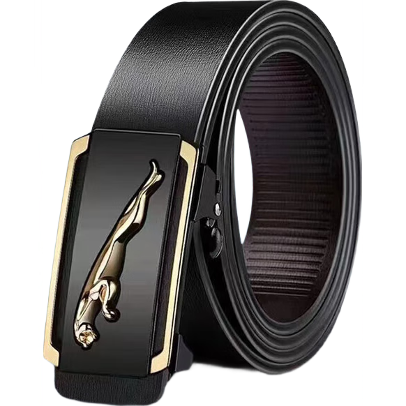 男士皮带贴皮无牙自动扣腰带男青年简约百搭商务休闲裤带皮带腰带 金色航豹
