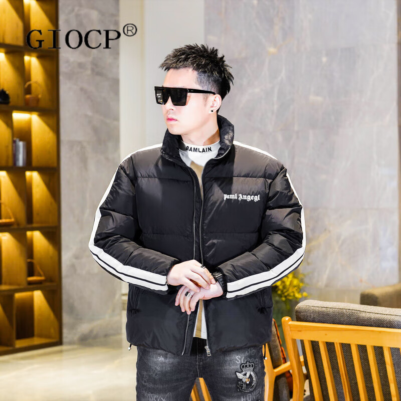 GIOCP香港潮牌90白鸭绒羽绒服男士冬季新款织带保暖防寒服外套夹克男装 黑色 M