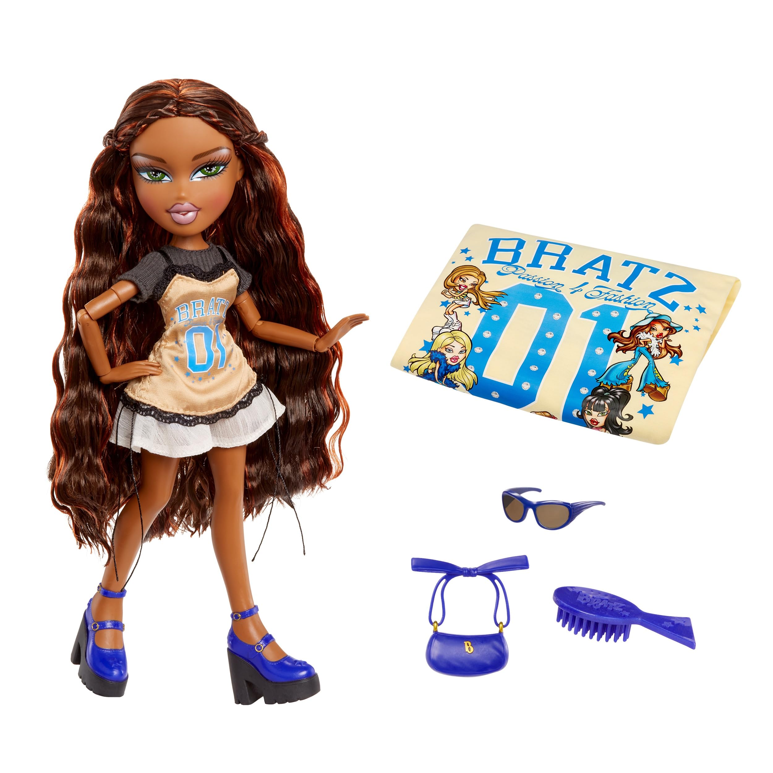 BRATZ 时尚娃娃套装 可定制T恤配饰 女孩玩具 含上衣裙子包包墨镜梳子 多色 9-10 英寸 (约 23-25 cm)