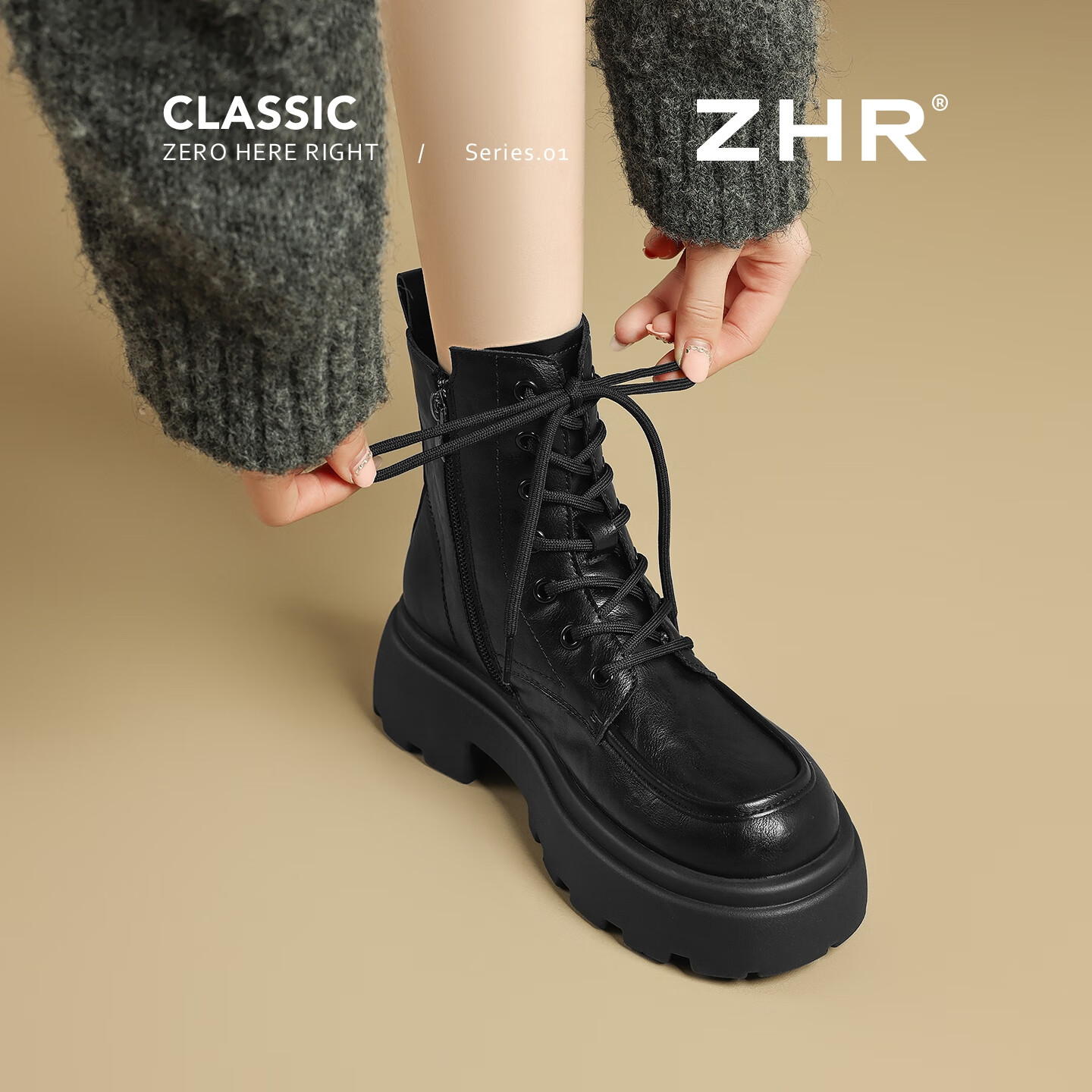 ZHR马丁靴女英伦厚底增高短靴百搭显瘦加绒保暖靴子 CE111A黑色38