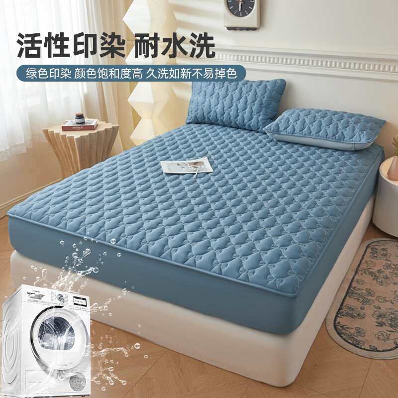 雅鹿加厚夹棉床笠防尘绗缝床罩三件套隔脏床盖床垫保护套床上用品 蝴蝶结床笠-宾利蓝【蓬松柔软 四季通用】 180*200cm单床笠