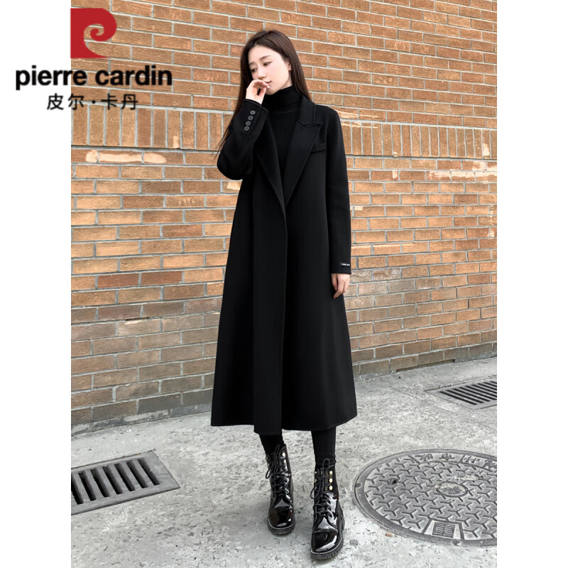皮尔卡丹(pierre cardin)黑色双面羊毛绒呢子大衣女士秋冬季感正肩赫本风毛呢外套中长款 黑色 S 建议108斤以内