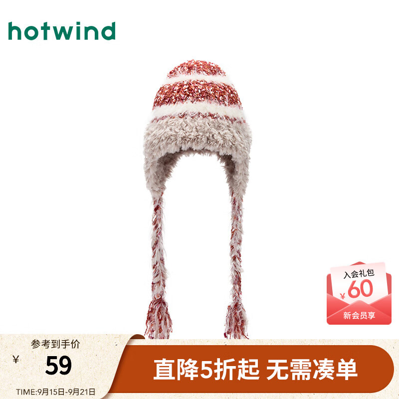 热风（Hotwind）2025年冬季新款女士时尚拼接护耳毛线帽 05红色 56-60cm