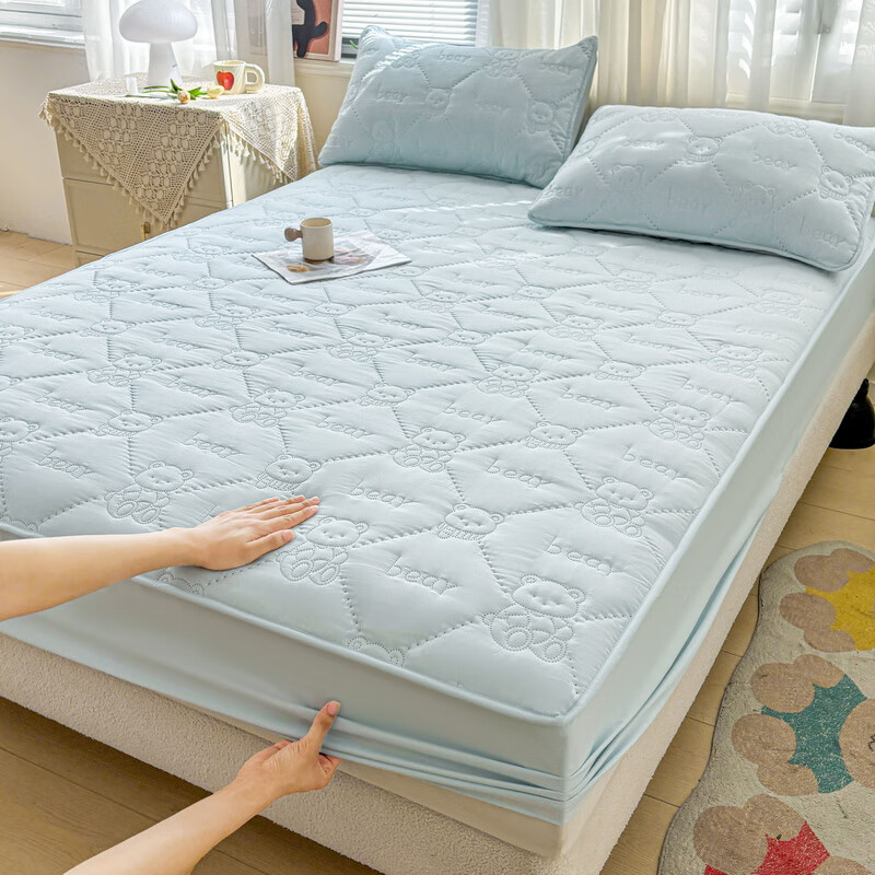 雅鹿加厚夹棉床笠防尘绗缝床罩三件套隔脏床盖床垫保护套床上用品 小熊夹棉床笠-天空蓝【蓬松柔软 四季通用】 150*200cm单床笠 京东折扣/优惠券