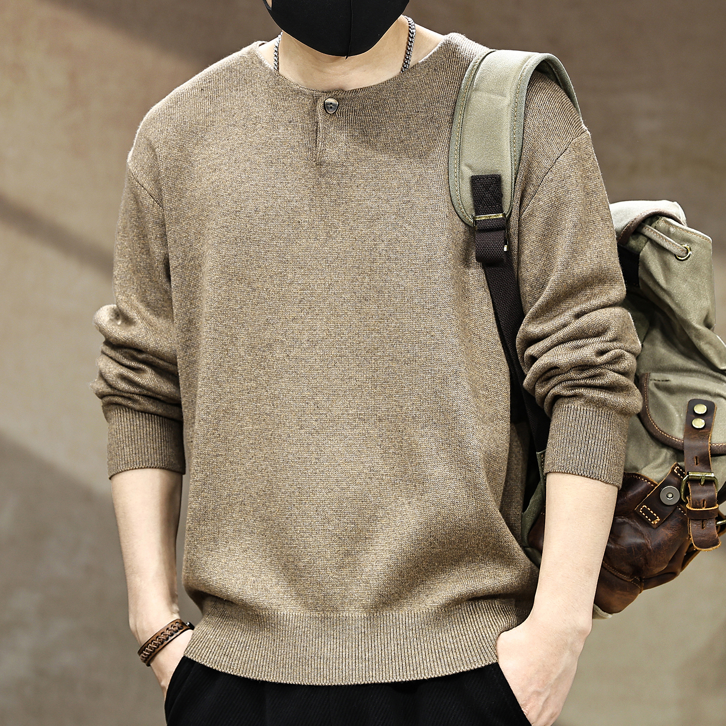 金古莱美式复古亨利领毛衣男士秋冬季新款潮流宽松线衫套头内搭针织衫男 花咖色 S 【体重90-110斤】