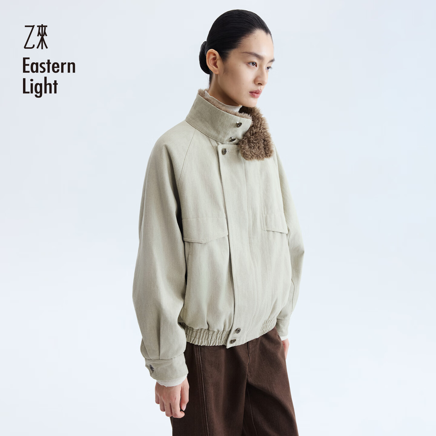 乙来（EASTERN LIGHT）复古绒里工装洗水夹克外套女装冬季长袖上衣秋装加厚新款棉衣服 桔梗绿 M