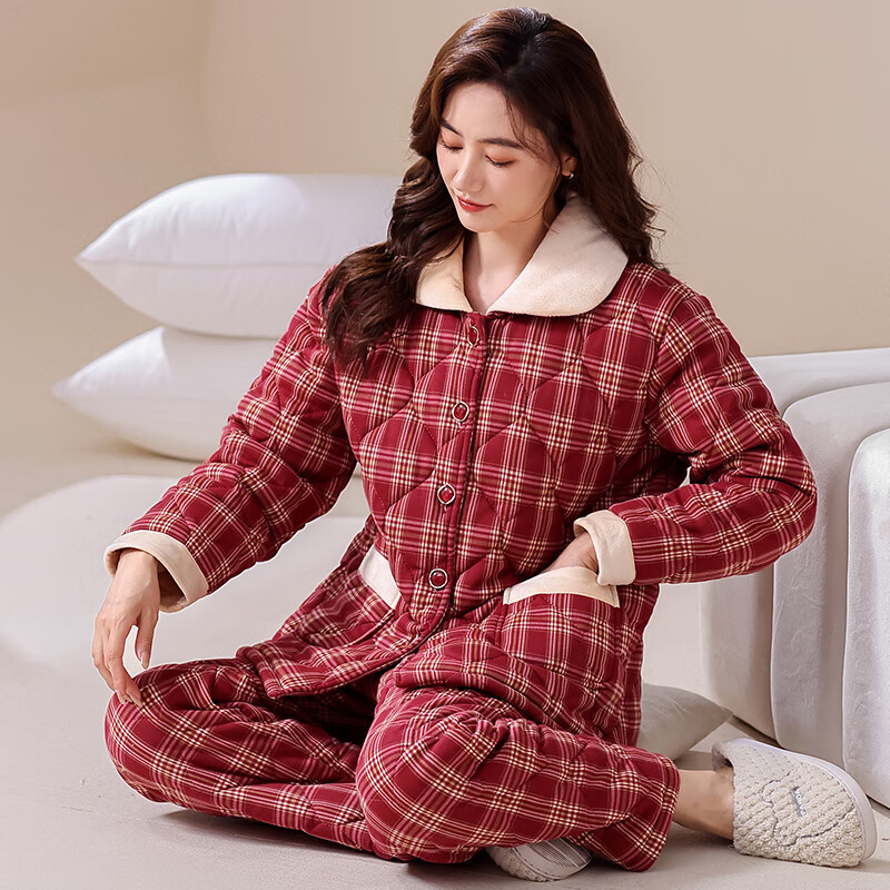 chunnian睡衣女士冬季夹棉加厚加棉秋冬款冬天保暖家居服中年妈妈套装 LMSJ134 L