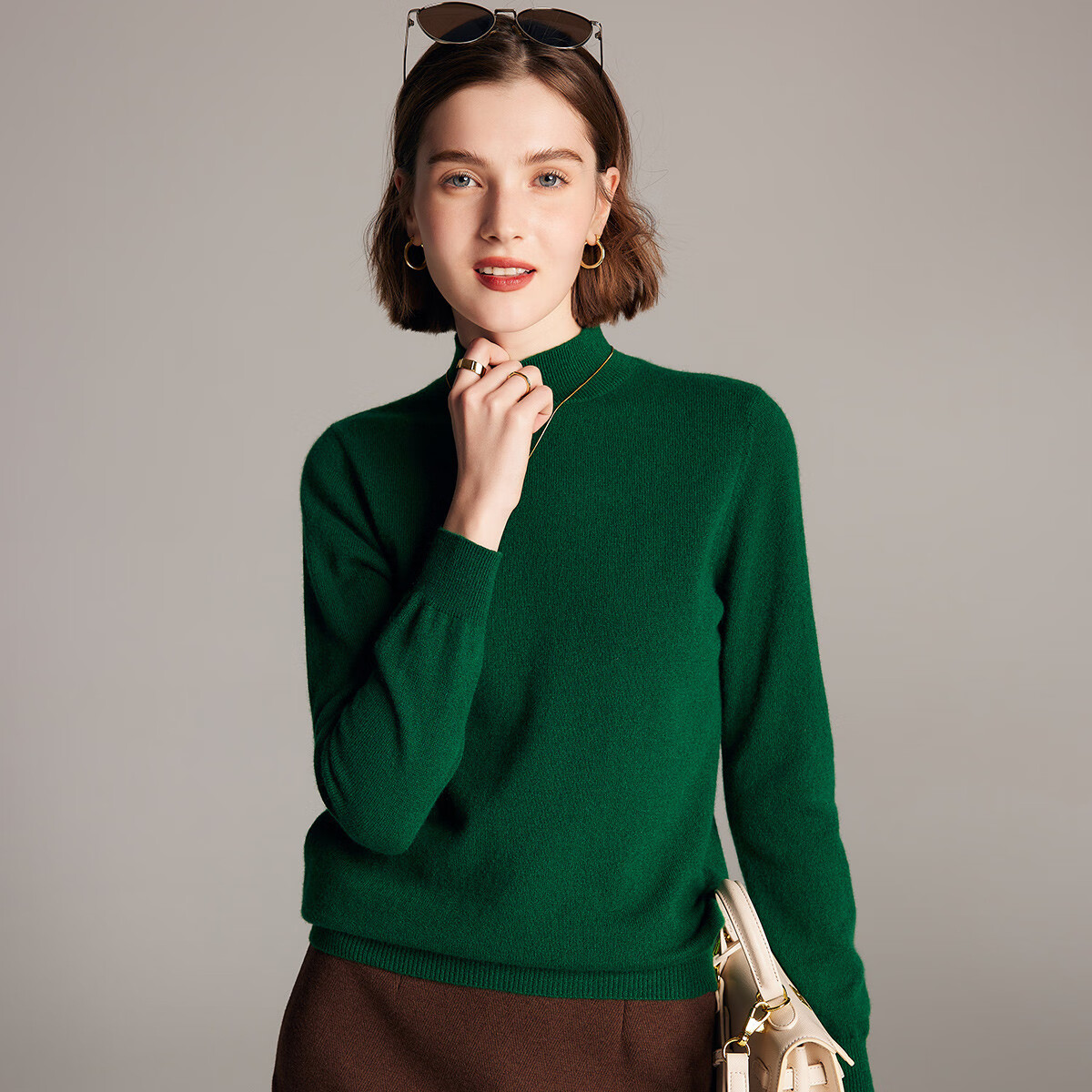 帕罗（PALUOPO）休闲百搭100%山羊绒衫女士秋冬基础多色半高领针织保暖毛衣 翠绿 半高领 L 165/105