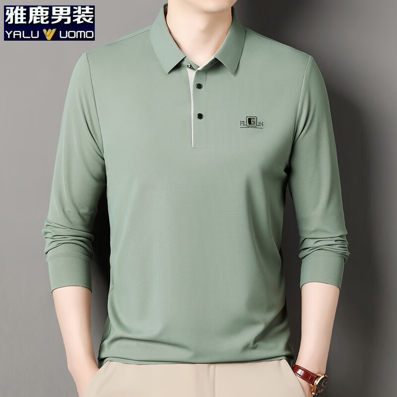 雅鹿男装速干长袖t恤男秋季新款翻领印花宽松男士polo中老年爸爸装上衣 豆绿色 4XL (190)(建议180-195斤)