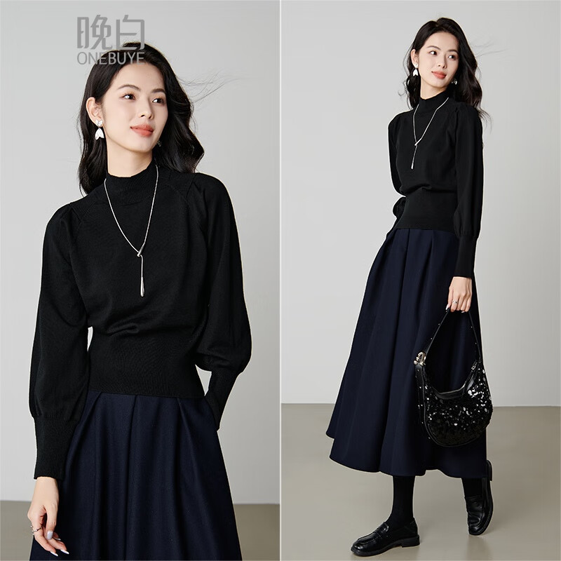 晚白【新品】2025冬款纯色气质休闲百搭高弹条纹套头针织衫女 黑色 M