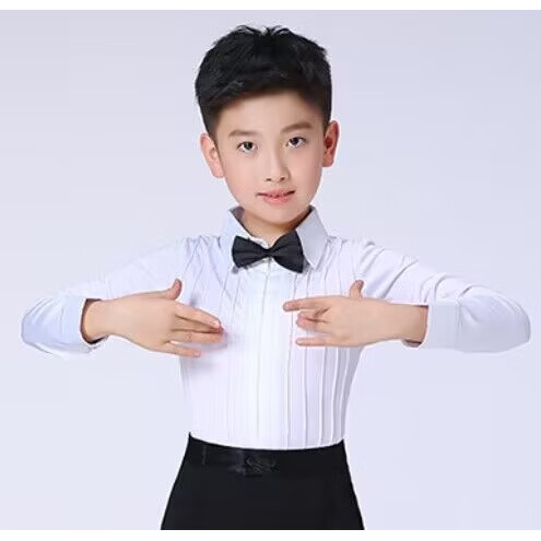 兰伶坊男孩拉丁舞服装儿童规定标准考级服男童练功服少儿白色舞蹈演出服 白色_单上衣送领结领带 110 cm