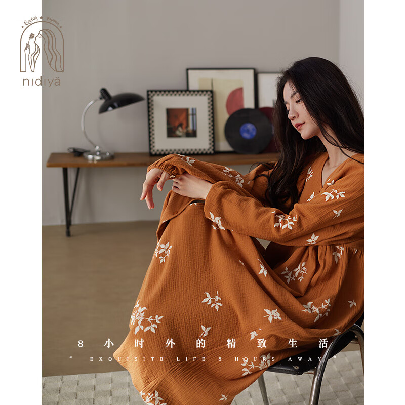 妮狄婭睡衣睡裙女秋季長袖純棉紗布宮廷風長裙復古優(yōu)雅寬松春秋家居服 橘子色 TF25337 L (165) 【參考體重105-125斤】