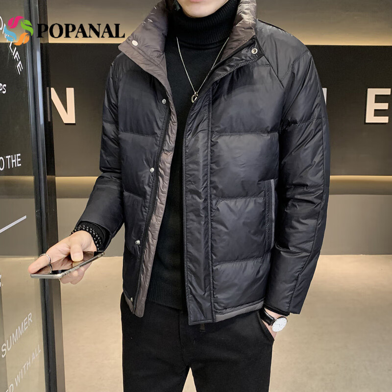 POPANAL香港潮牌2025冬季新款男士立领日系面包服潮款保暖简约时尚羽绒服 黑色 L