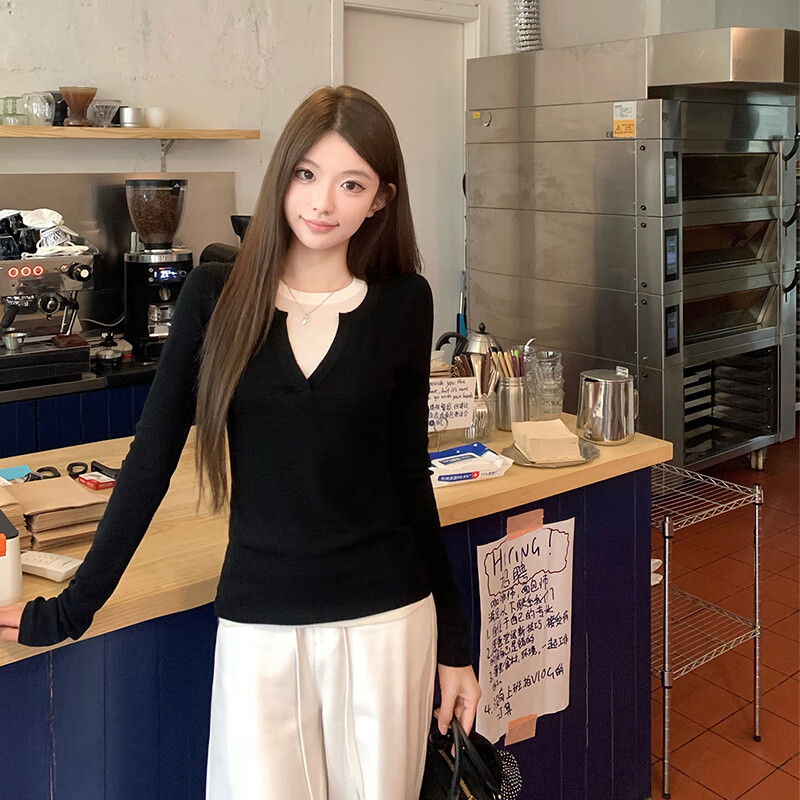 俞兆林针织衫女春秋季2025新款外穿V领修身显瘦内搭打底衫假两件上衣女 黑色 【柔软亲肤遮肉显瘦】 均码 【适合80-140斤】