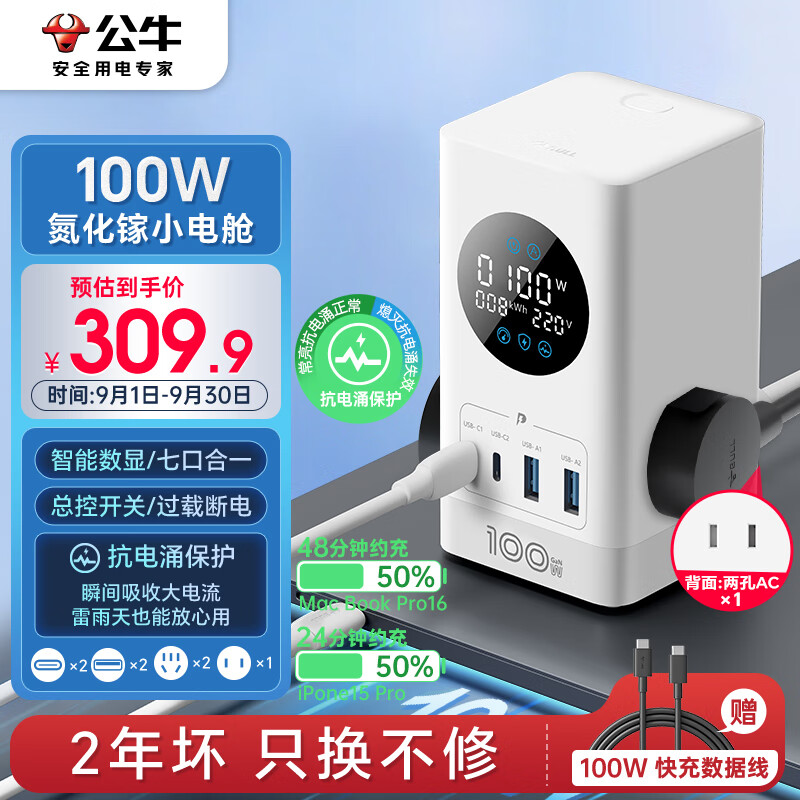 公牛(BULL)智能数显屏幕氮化镓100W快充插座/桌面充电站插座抗电涌电竞USB立式小电舱 2C2A+3插孔总控开关