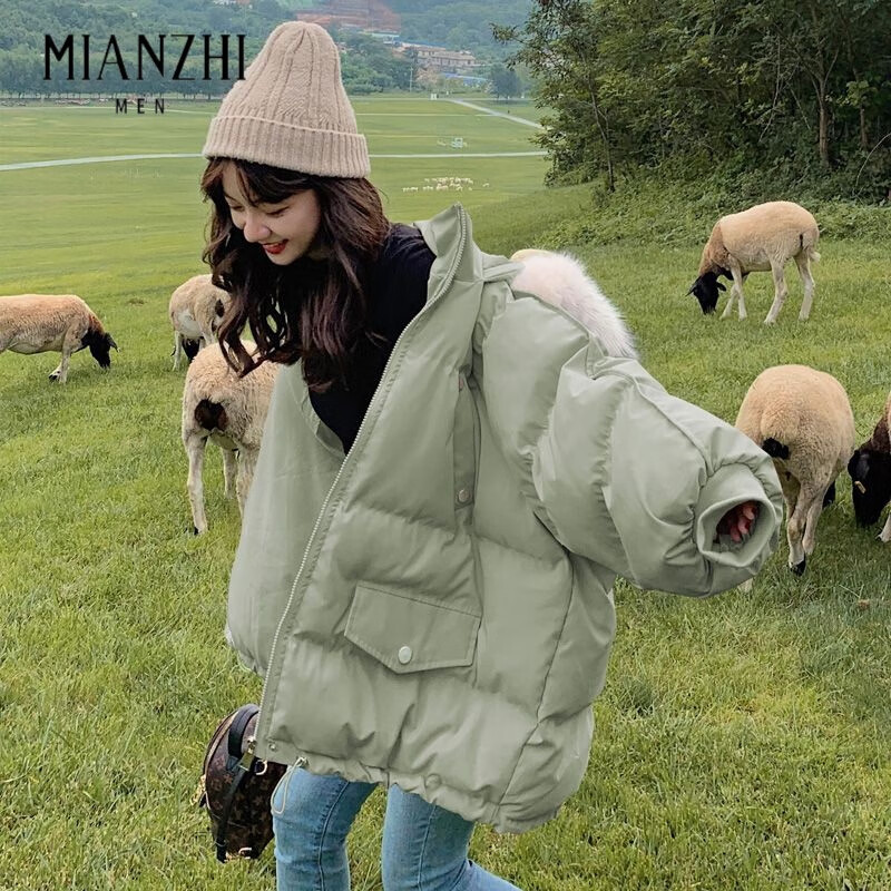 棉致羽絨棉服女短款2025冬季新款學(xué)生顯瘦加厚面包服連帽帶毛領(lǐng)外套 海洋綠[加厚-高品質(zhì)不脫 L 推薦[130-150斤]