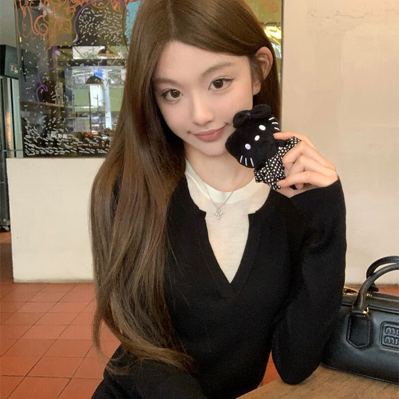 俞兆林针织衫女春秋季2025新款外穿V领修身显瘦内搭打底衫假两件上衣女 黑色 【柔软亲肤遮肉显瘦】 均码 【适合80-140斤】