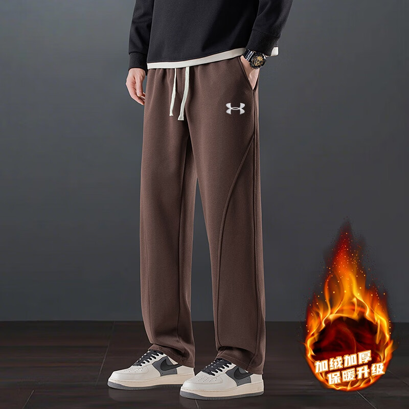 安德玛刺绣logo秋冬新款男士纯棉运动裤休闲宽松大码卫裤针织纯色长裤子 咖啡色冬季加绒款 5XL 建议体重200-220斤