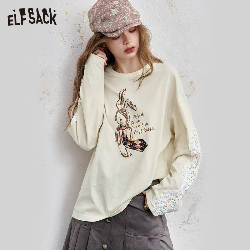 妖精的口袋蕾丝拼接印花长袖t恤女2025年早秋新款设计感休闲上衣 小兔米白色 M