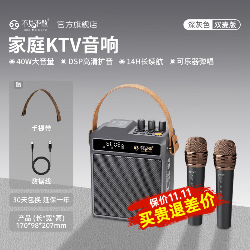 不见不散N5小蜜蜂扩音器【帮下歌】教师专用大音量无线话筒麦克风户外导游演讲开会K歌乐器弹唱喇叭音响 深灰色【无线手持麦+无线手持麦】