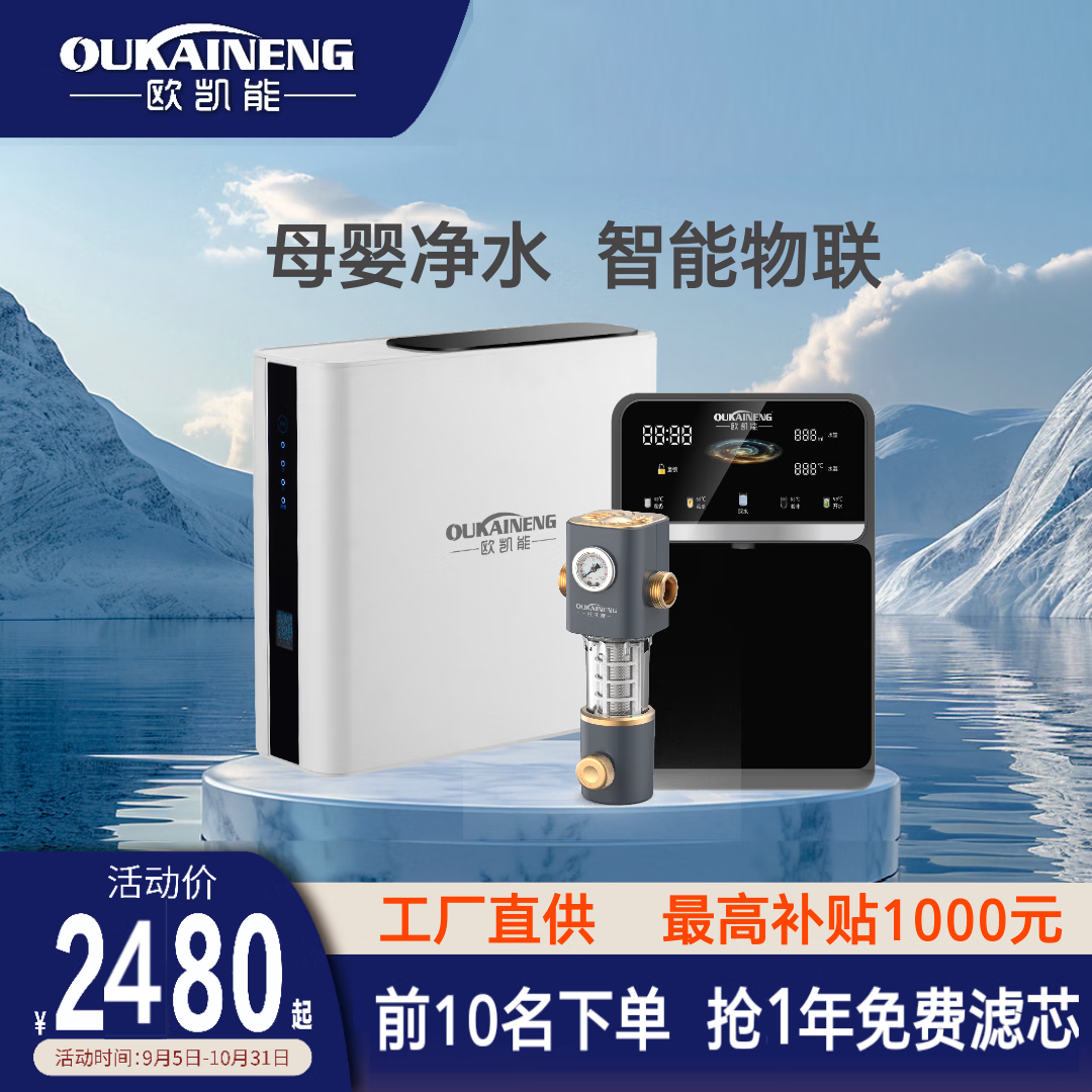 欧凯能净水器家用直饮机厨下自来水过滤器全屋净水联网智能家用厨房RO反渗透纯水机华迈M3小扁豆净水机 套餐2(详询客服)