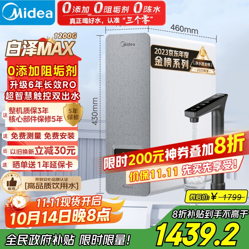 美的（Midea）【白泽Max 1200G】0阻垢剂净水器国家补贴家用 6年RO反渗透厨下式直饮过滤净水机 触控屏双出水