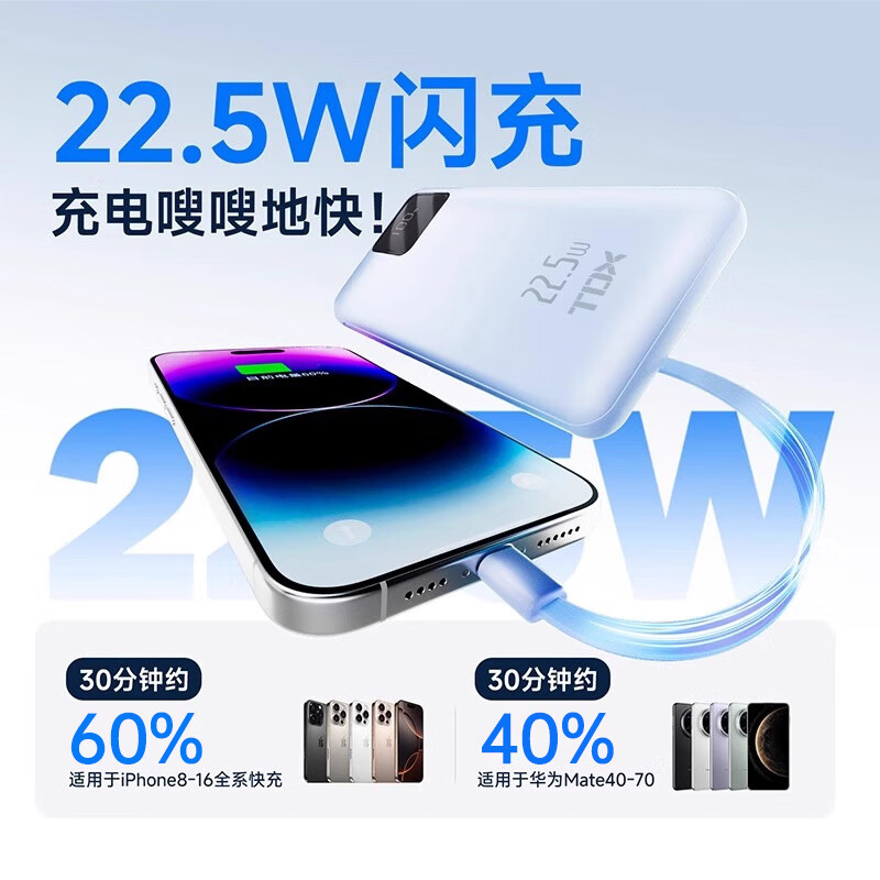 铁达信【新国标3C认证】22.5W超快充10000毫安 移动电源自带双线 苹果iPhone17小米17华为可上飞机充电宝 【蓝色】22.5W快充/1万毫安/安卓苹果通用