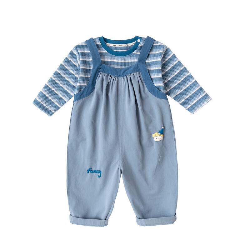 嘟嘟家儿童背带裤套装 2025春秋宝宝条纹长袖T恤 男女童裤子两件套 蓝色 110