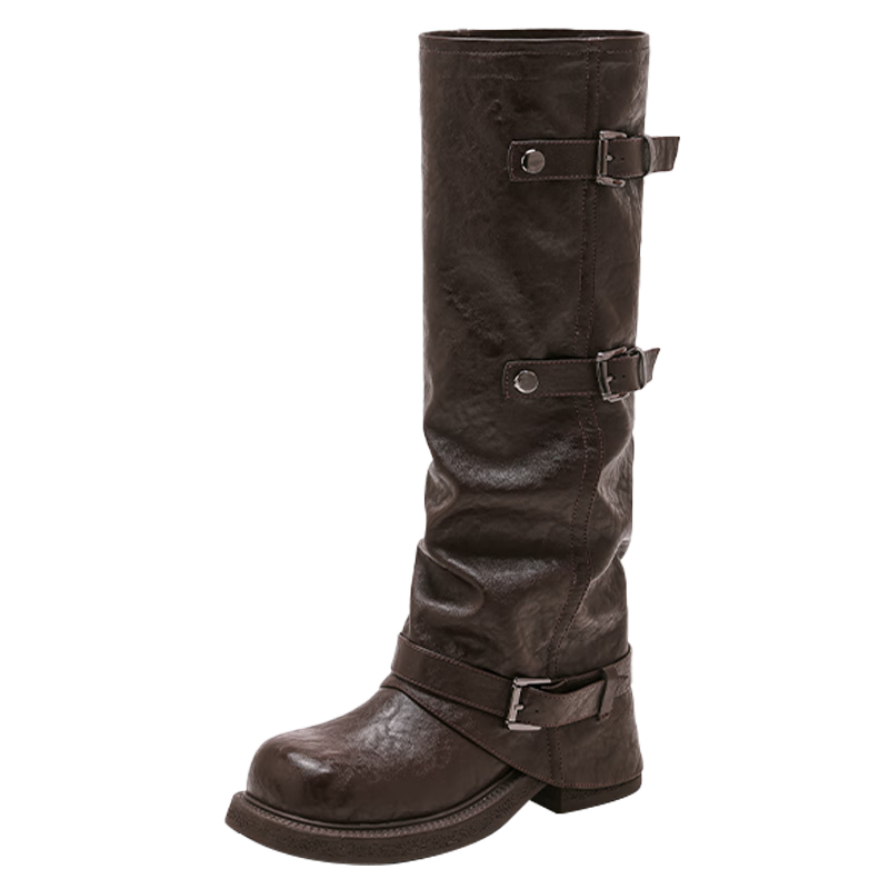 星期六加绒长筒靴女款2025冬季新款皮带扣时尚百搭骑士靴西部牛仔中筒靴