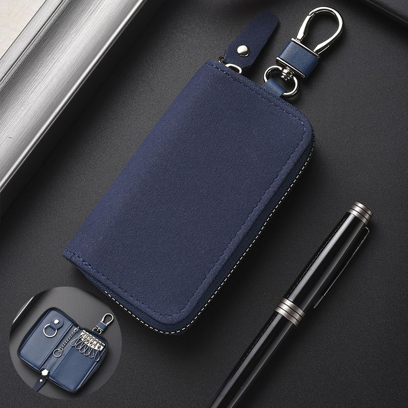 絡(luò)伊得新款男士鑰匙包多功能家用鎖匙收納卡包二合一大容量汽車牛皮女式 翻毛皮藍(lán)色_6掛_2暗夾_2環(huán)扣