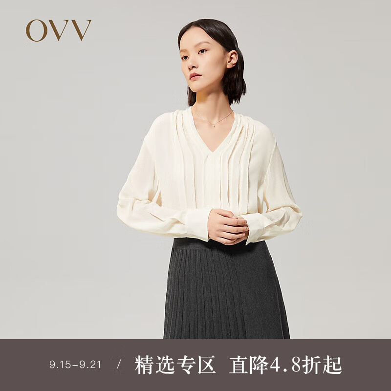OVV【重磅真丝】OVV2022秋冬新款女装22姆米鬼绉花边V领长袖衬衫 米白A3 M