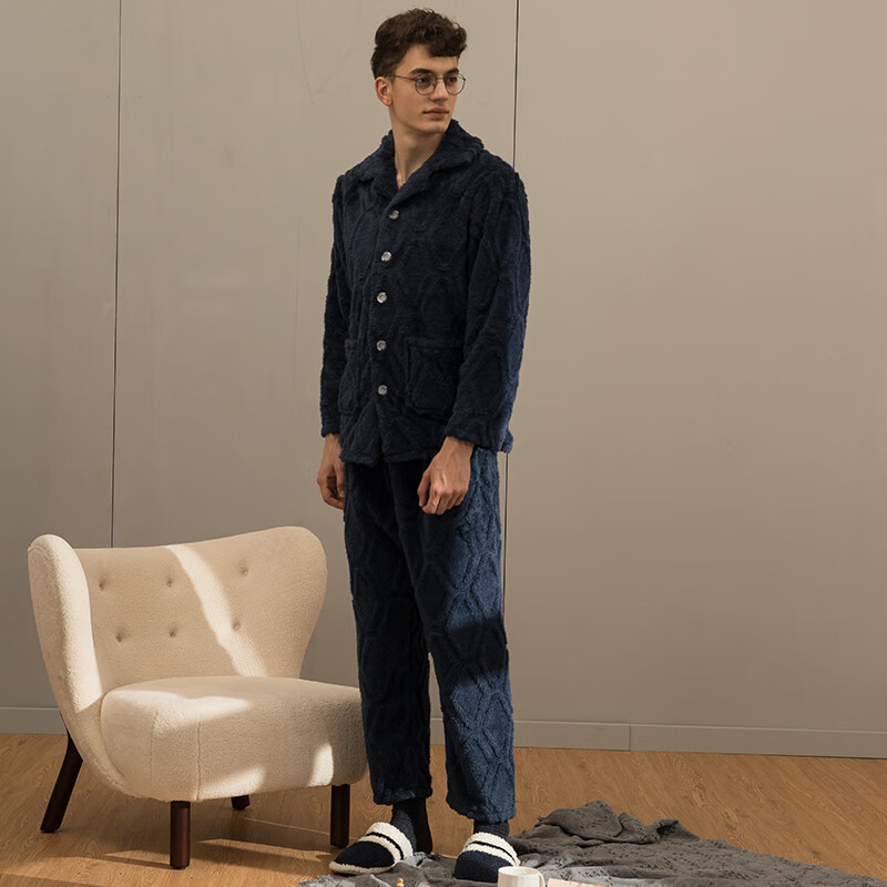 芬腾男士睡衣珊瑚绒家居服套装秋冬保暖 M98241404-宝兰 XL