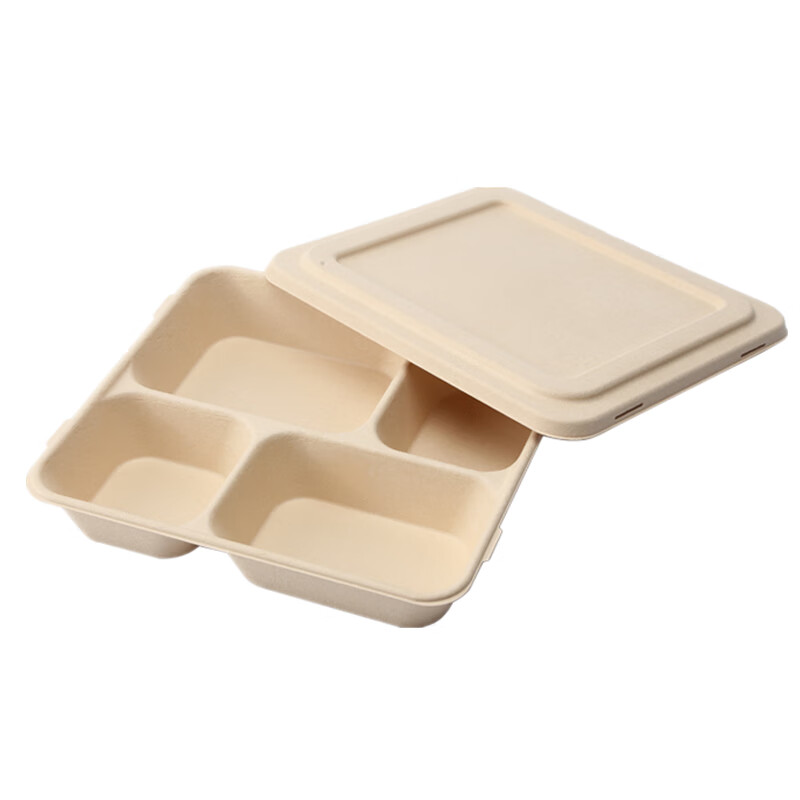 NIVORCE 打包餐盒1100ML可降解纸浆托盘小四格加厚餐盒+纸浆盖（300套）