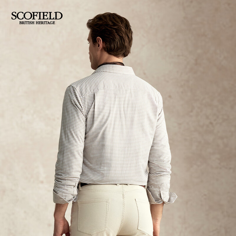 Scofield男装秋季新款商务休闲潮流时尚小格子亲肤长袖衬衫 米色 XL （180）